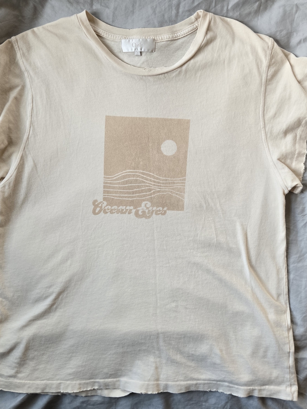 Free People Cream Graphic Short Sleeve Tee Organic Cotton Distressed Hem Sz Lg